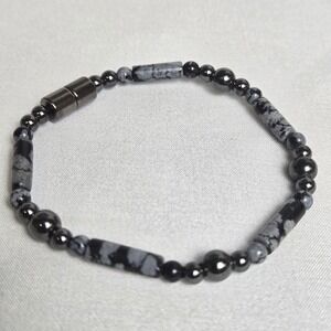 Hematite & Obsidian Magnetic Beaded Bracelet Black Gray